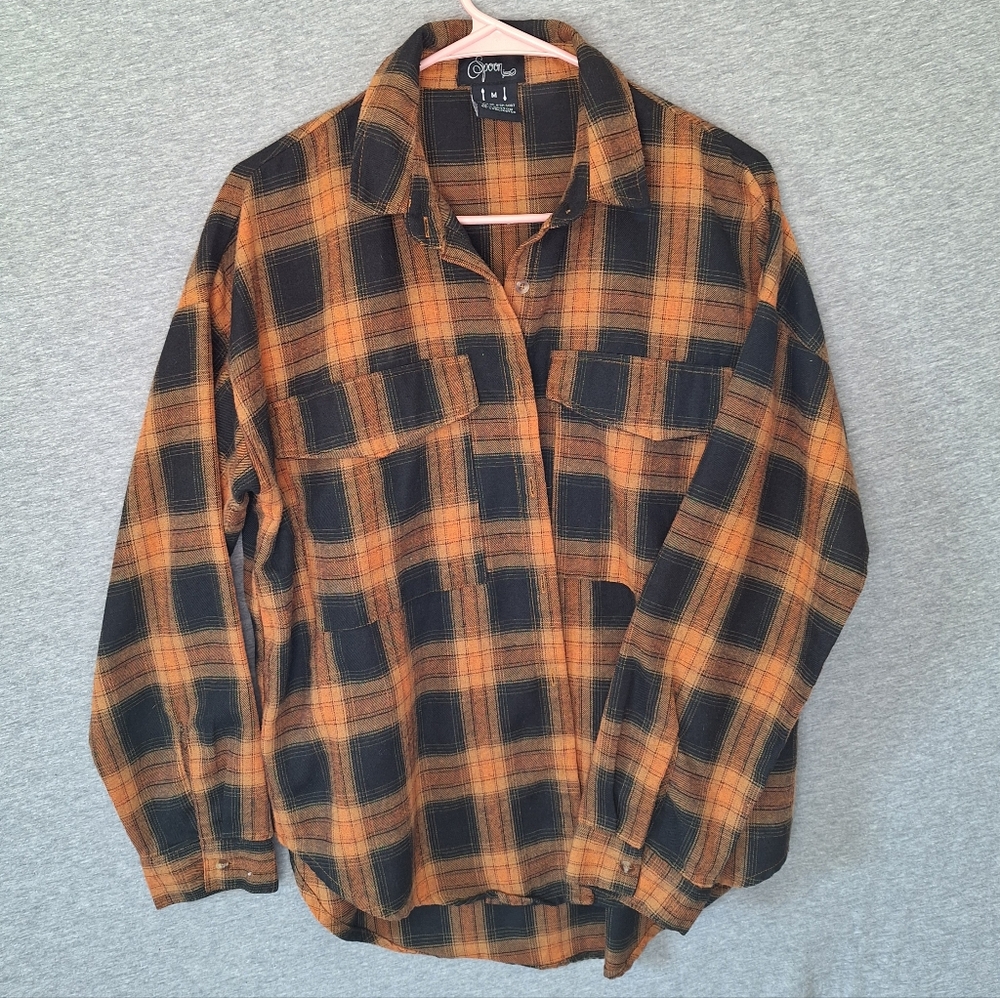Spoon Jeans Women's Oversized Hi-Lo Plaid Flannel Size Medium Orange And Black - Picture 11 of 11